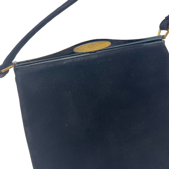 Vintage Block Black Suede Top Handle Shoulder Bag Square Opening Metal Clasp - Picture 2 of 8